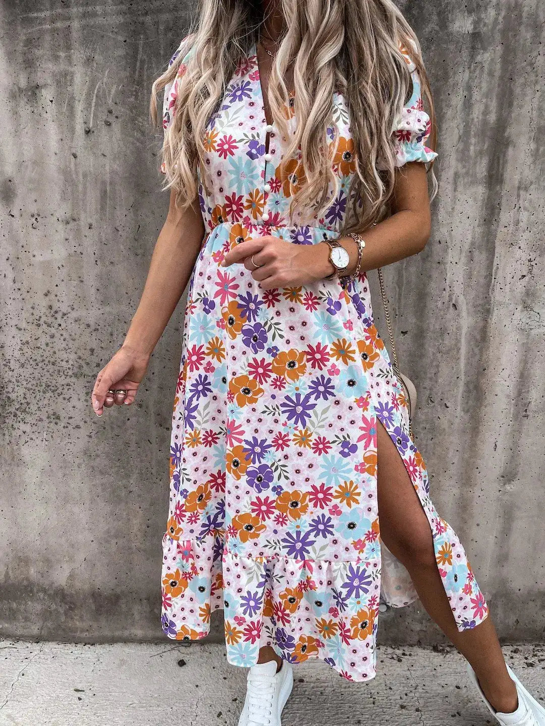 Summer Floral Print Dress Women V Neck Side Slit Long Dress Elegant Short Sleeve Button Slim Spring Female Party Dress Vestidos - Lootquake