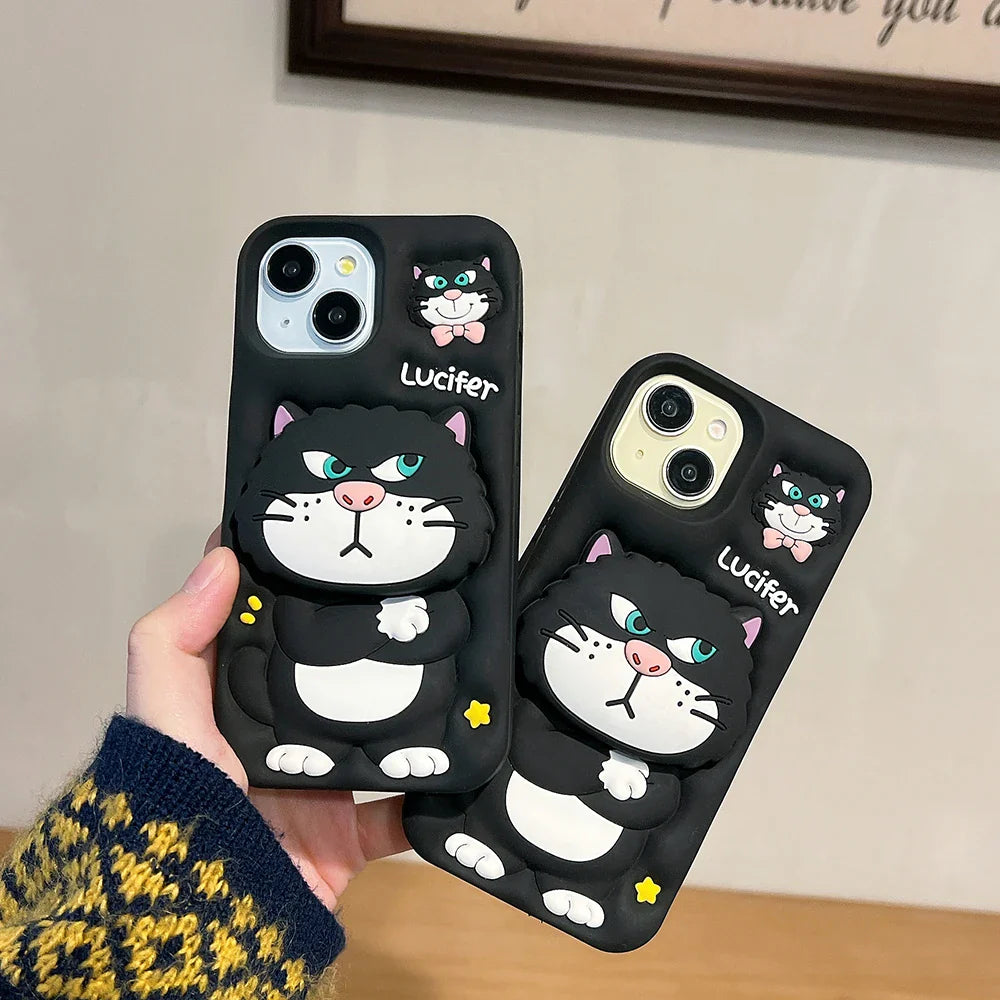 Cute 3D Cartoon Lucifer Cat With Stand Holder Phone Case
