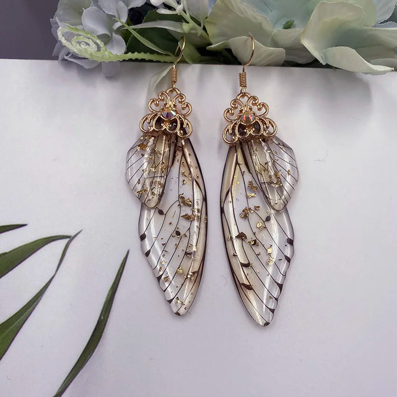 Boucles d'oreilles en forme d'ailes de fée faites à la main, en forme d'ailes de papillon, d'insectes, en forme de goutte, en feuille de strass, bijoux de mariée romantiques