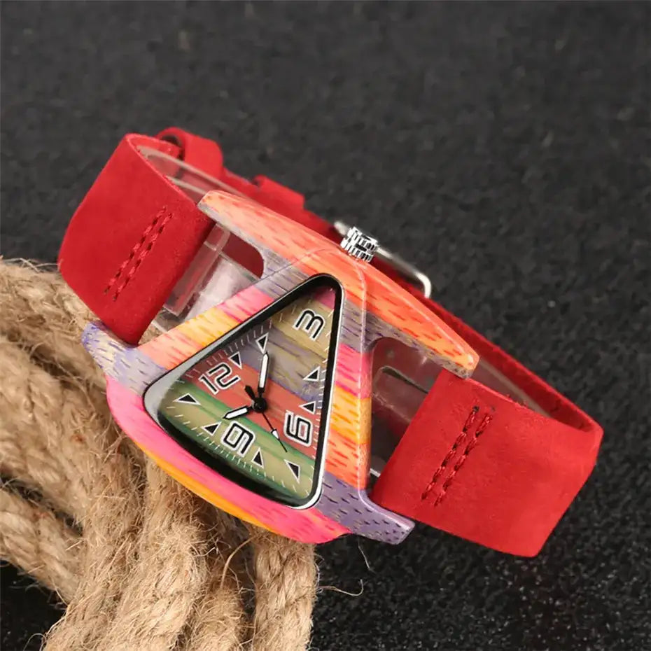 Unique Triangle Women's Wood Watch Creative Colorful Lady Green/ Red Genuine Leather Wristwatch Elegant Womens Watches Top Gifts - Lootquake