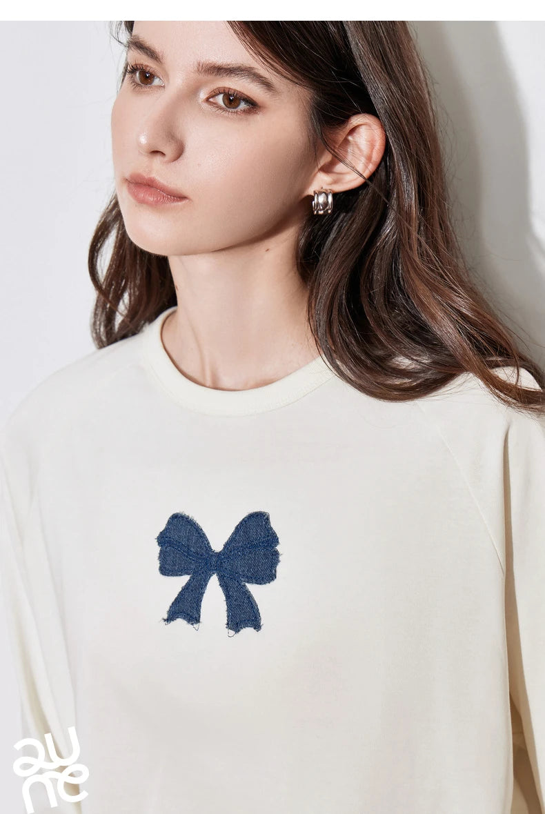 TOYOUTH Women T-shirt 2024 Autumn New Denim Bow Contrasting Color Raglan Sleeve Pullover Casual Tops - Lootquake