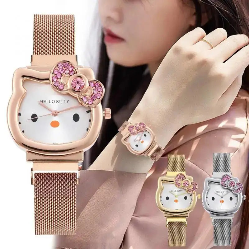 Hello Kitty Diamond Watch Cat Bow Kawaii Pink Ladies Gold Sliver Metal Jewelry Cartoon Magnetic Watch Girlfriend Birthday - Lootquake
