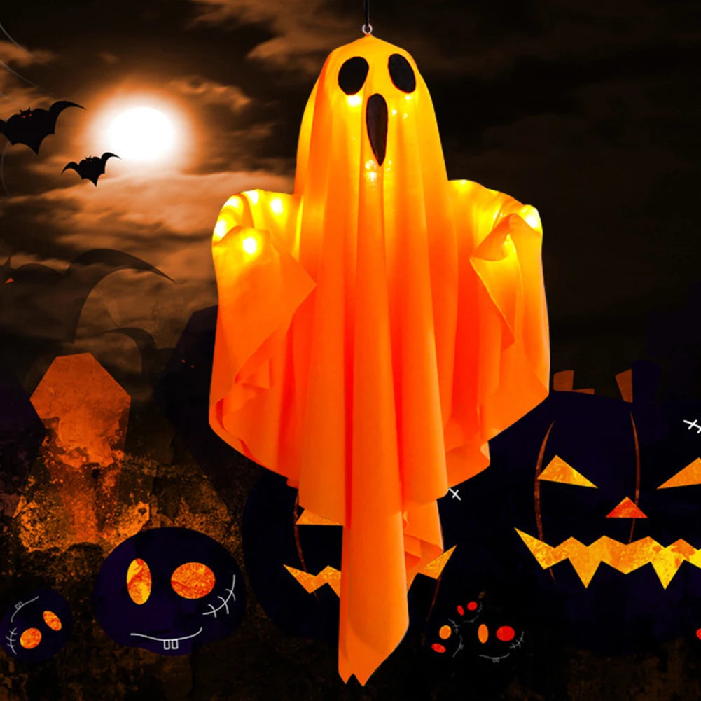Fantôme blanc lumineux d'Halloween à suspendre avec guirlandes lumineuses, décoration d'extérieur d'Halloween, 50 cm, décoration de fête d'Halloween