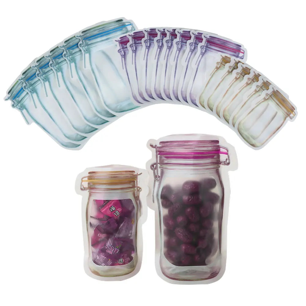20/40Pcs Reusable Mason Jar Bottles Bags Nuts Candy Cookies Bag Sealed Plastic Bags Home Storage Supply 3 Size Zip Lock Bags New