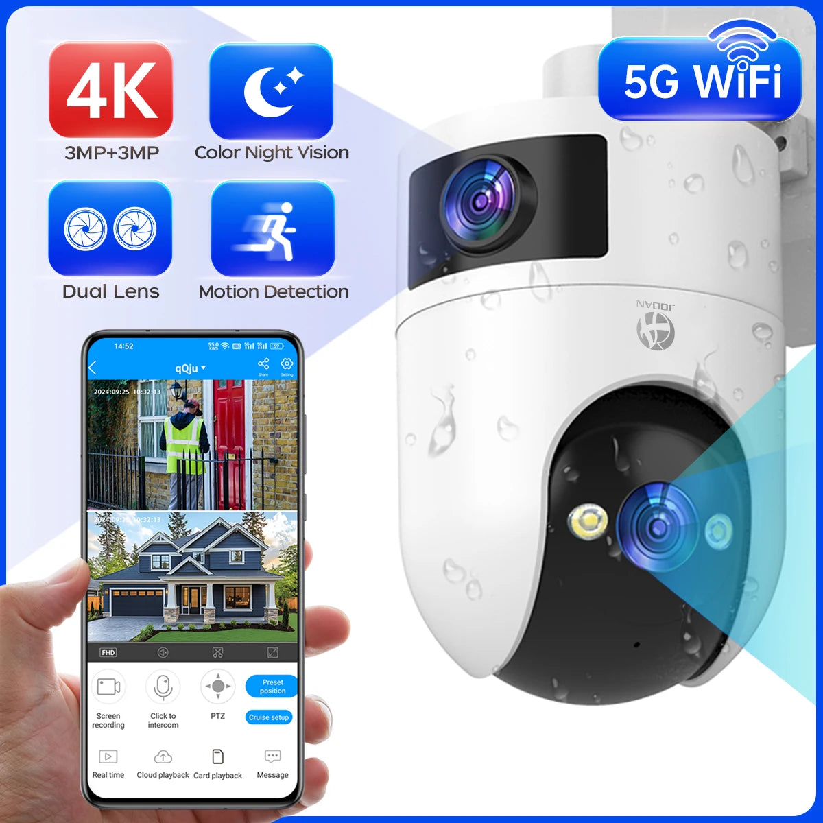 Cámara IP PTZ 4K para exteriores, impermeable, de doble lente, 5G, WiFi, cámara de seguridad con seguimiento automático, videovigilancia, monitor para bebés