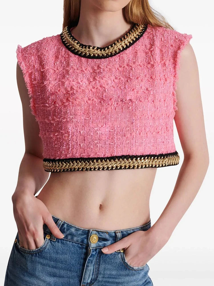 HIGH STREET Newest 2024 Runway Designer Fashion Women's Sleeveless Metal Chains Embellished Tweed Vest Cropped Tank Top - Lootquake
