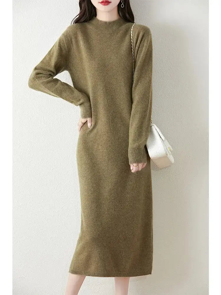 Autumn Winter Women's Wool Long Dress Cashmere Mock Neck Pullover Sweater 100% Merino Wool Soft Knitwear OL Simple Basic Dress - Lootquake