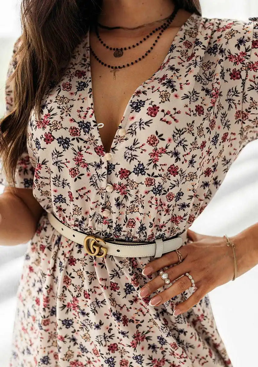 Summer Floral Print Dress Women V Neck Side Slit Long Dress Elegant Short Sleeve Button Slim Spring Female Party Dress Vestidos