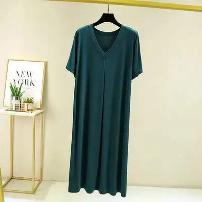 Modal Cotton Short Sleeved Nightdress for Women's Summer Casual Home Sleepwear V-neck Pleated Oversized Loose Hem Mid-Long Dress - Lootquake