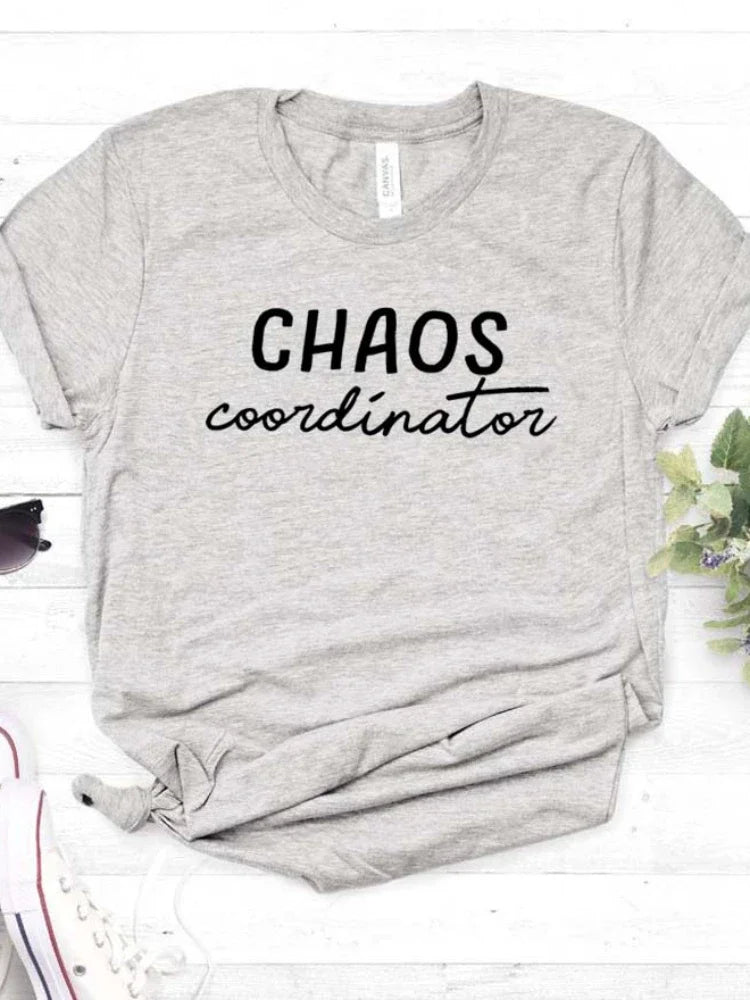 Women T Shirt Chaos Coordinator Letters Print Tshirt Women Short Sleeve O Neck Loose T-shirt Ladies Causal Tee Shirt Tops - Lootquake