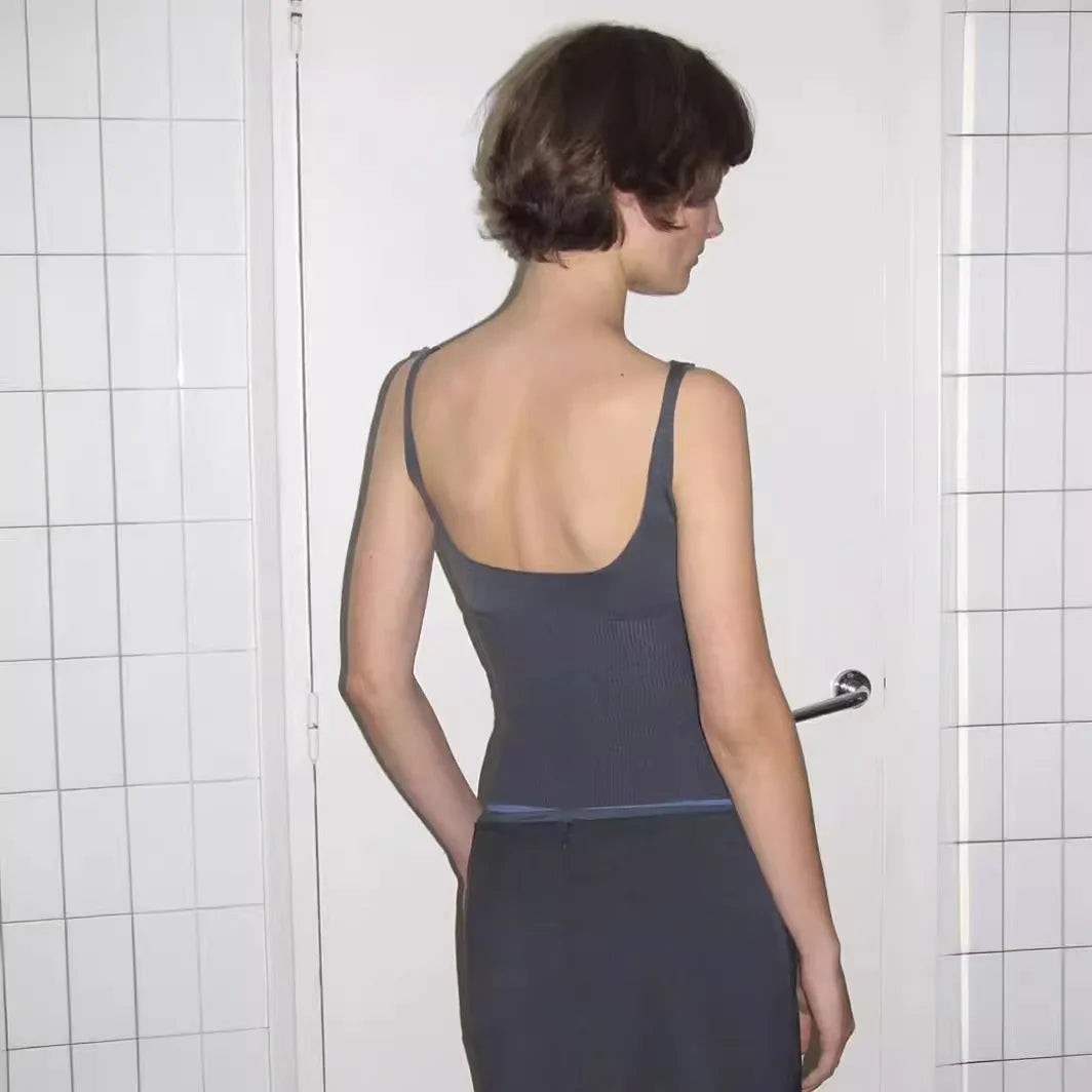 23 new embroidered V-neck slim fit sleeveless short ribbed knit camisole top for women's summer - Lootquake