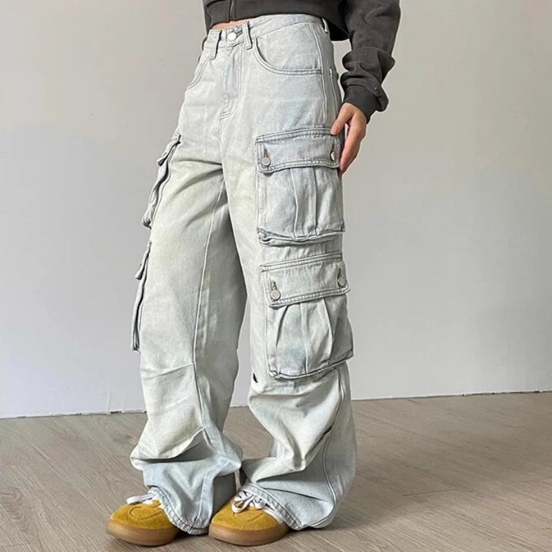 Autumn Winter New Ladies Cargo Jeans American Street Style Baggy Cargo Pants Women Blue Multi-pocket Wide Leg Jeans for Women - Lootquake