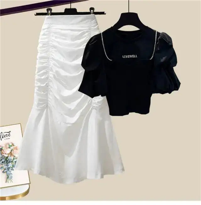 Spring/Summer Set Women's New Korean Edition Sweet and Spicy Bubble Sleeve Spliced Top Age Reducing Half Skirt Two Piece Set - Lootquake