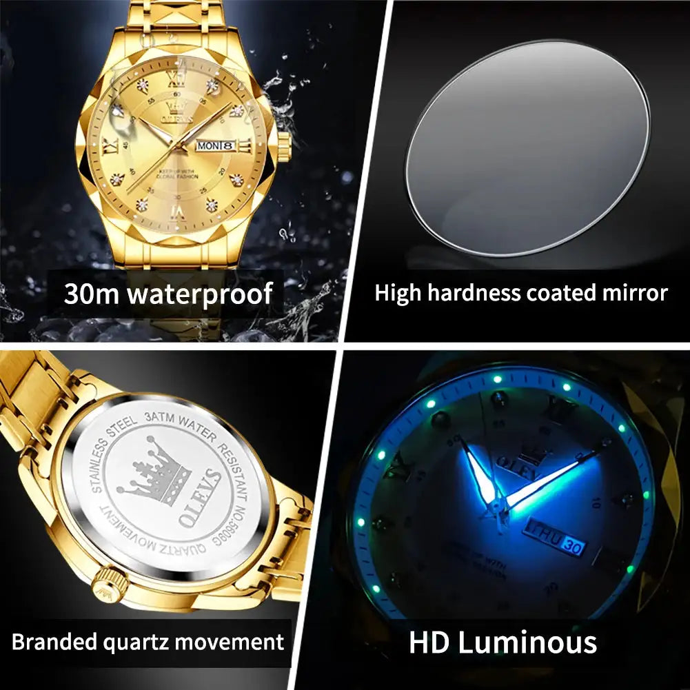 OLEVS Original Fashionable Men's Quartz Watch Top Luxury Brand Waterproof Stainless Steel Diamond Date Week Men's Business Watch - Lootquake