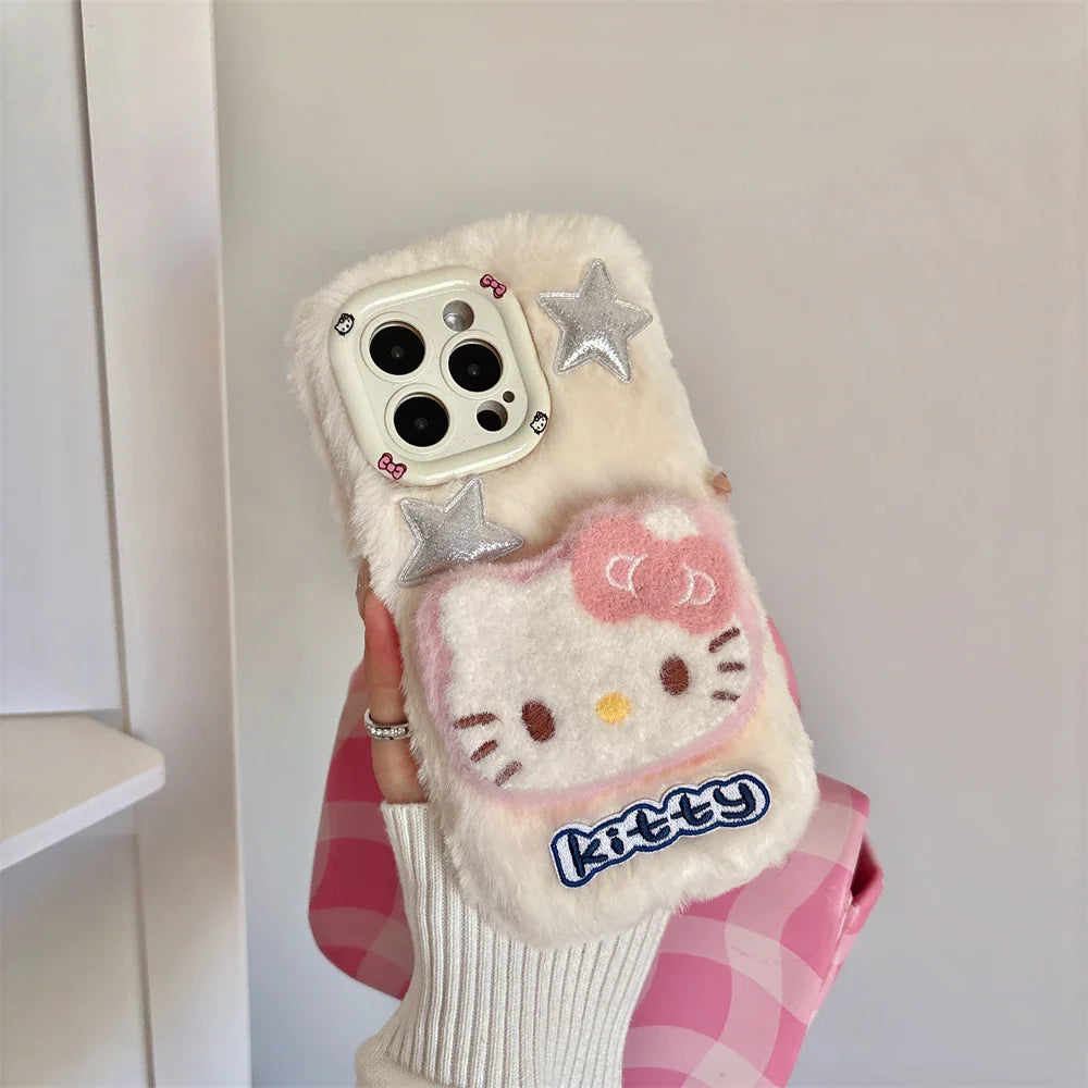 Cute Hello Kitty Fur Fluffy Camera Holder Stand Phone Case
