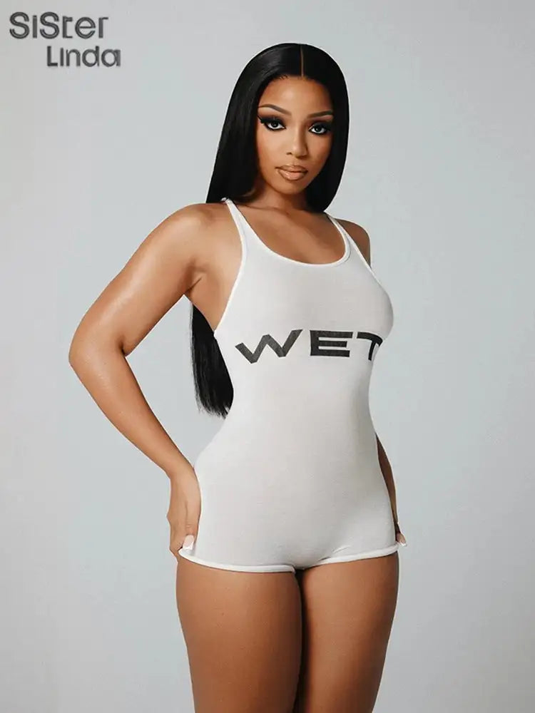 Mono corto informal auténtico para mujer, popular en verano de 2024, con tirantes, escote bajo y espalda descubierta, sin mangas, ideal para combinar con pantalones cortos.