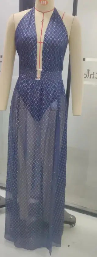 Womens Dresses 2024 Summer Sexy Split Thigh Halter Backless Deep V-Neck Sleeveless Skinny Maxi Party Prom Long Dress - Lootquake