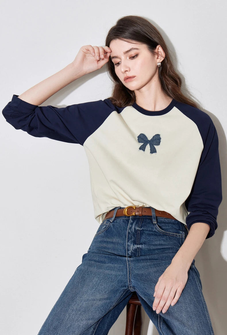 TOYOUTH Women T-shirt 2024 Autumn New Denim Bow Contrasting Color Raglan Sleeve Pullover Casual Tops - Lootquake