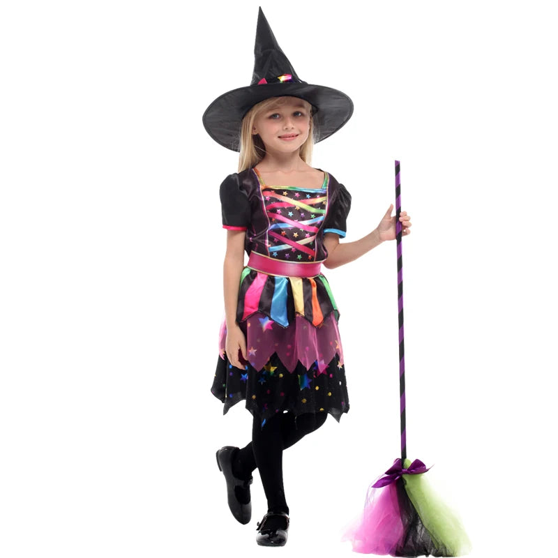 Halloween Children's Witch Dress - Comes with Hat, Halloween Role Playing Costume,Colorful Star Pattern Printed Carnival Costume