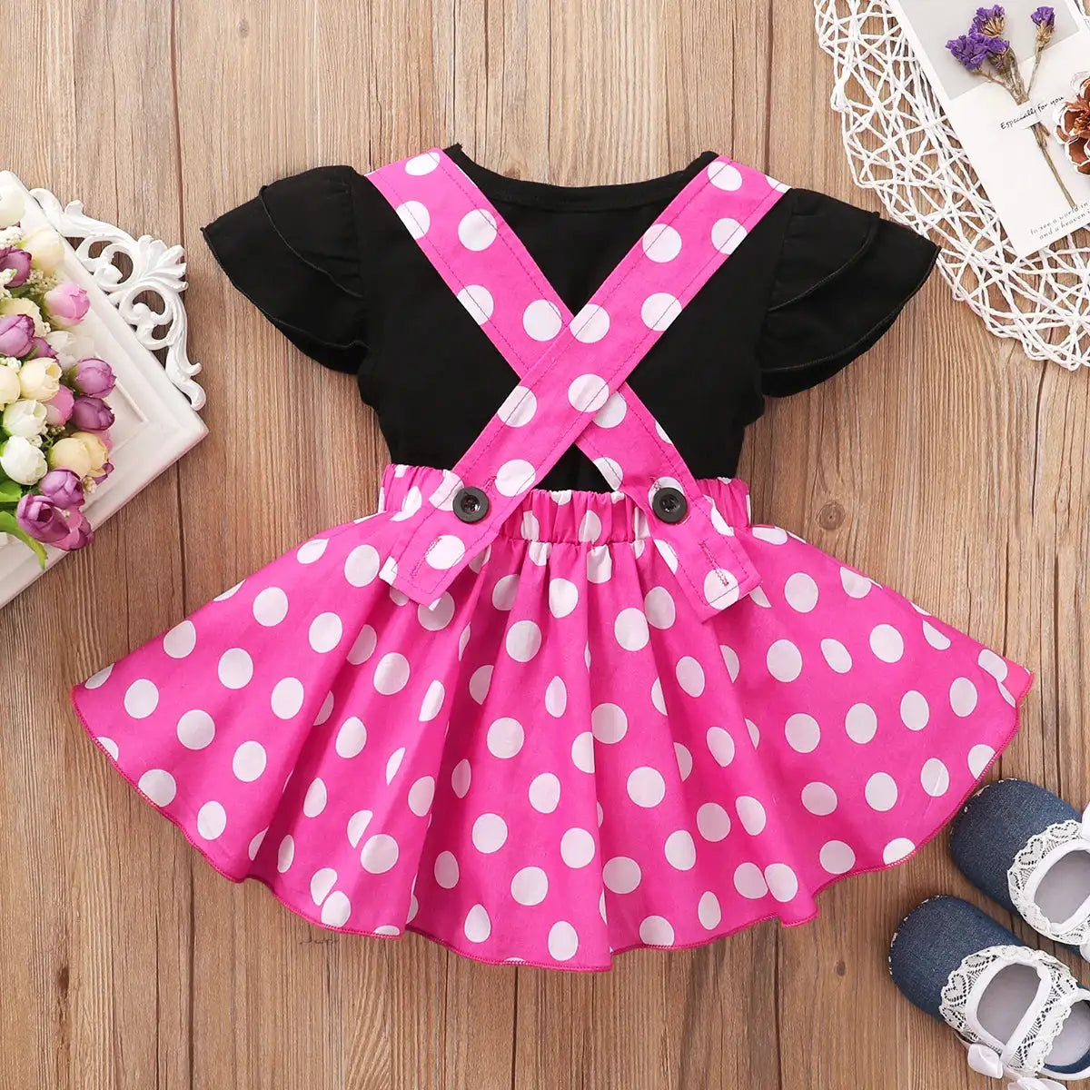 Toddler 1-5 Year Old Girl Round Neck Flying Sleeve Top+Dot Bow Strap Skirt Piece Suitable for Travel and Travel Girl Summer Set - Lootquake