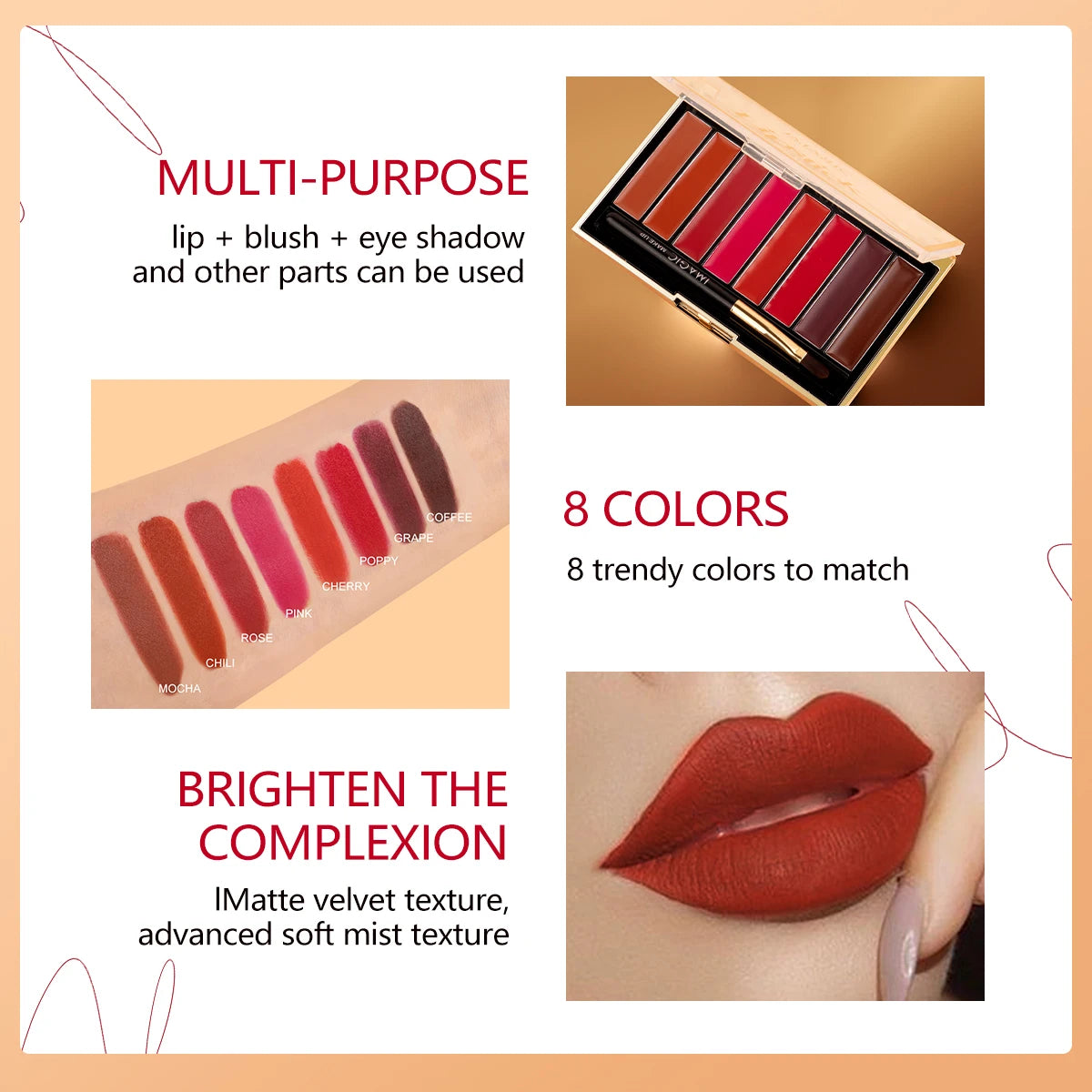 Palette de rouges à lèvres IMAGIC 8 couleurs, hydratant, mat, velours, longue tenue, waterproof, pigments, maquillage des lèvres