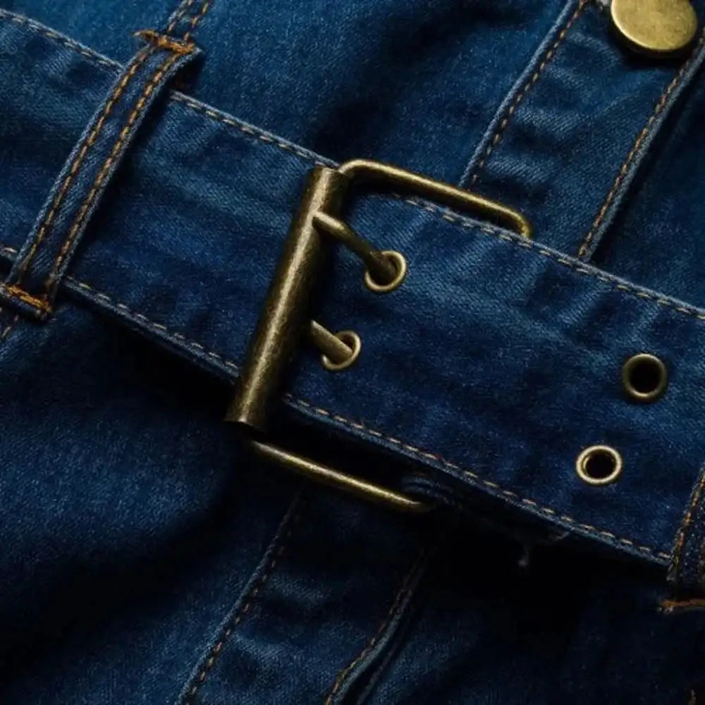 Vintage Button Up Jeans Dress Women Blue Lapel Denim Vestidos Winter Office Slim Long Sleeve Mid-Cuff Denim with Belt Long Dress - Lootquake