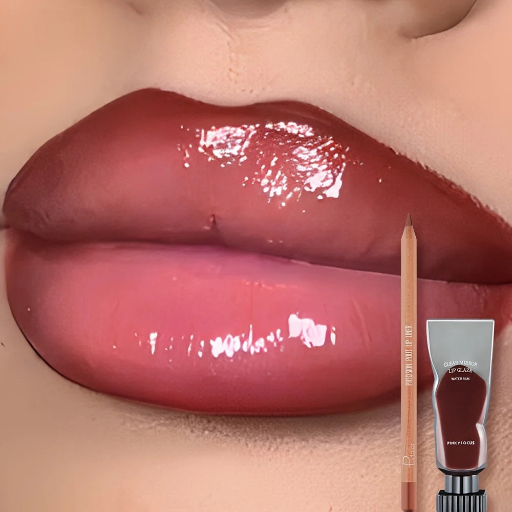 Juego de 2 brillos labiales hidratantes y humectantes y delineador de labios resistente al agua: lápiz labial de alto color, textura brillante