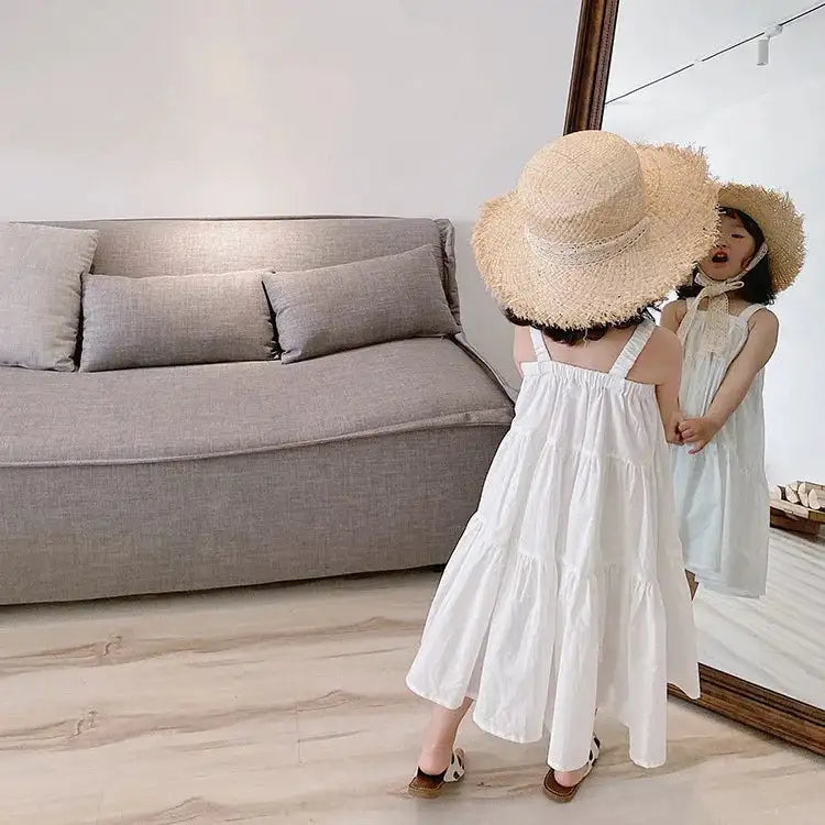 Girls Cotton Solid White Dress Ruffles Kids Strap Dress Summer Sleeveless Toddler Baby Long Dress Girl Clothes 1-6Y Kleid/robe - Lootquake