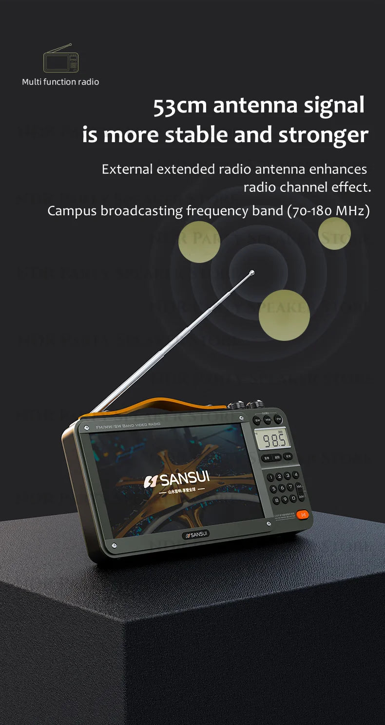 Enceintes Bluetooth sans fil SANSUI, radio pleine bande, lecteur vidéo LED HD, baladeur MP4 portable, batterie rechargeable intégrée