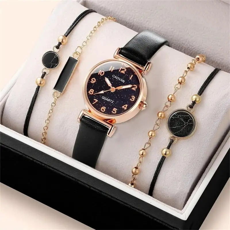 5pcs Set Women Fashion Casual Leather Belt Watches Simple Ladies Starry Sky Round Dial Quartz Wristwatches Dress Clock - Lootquake