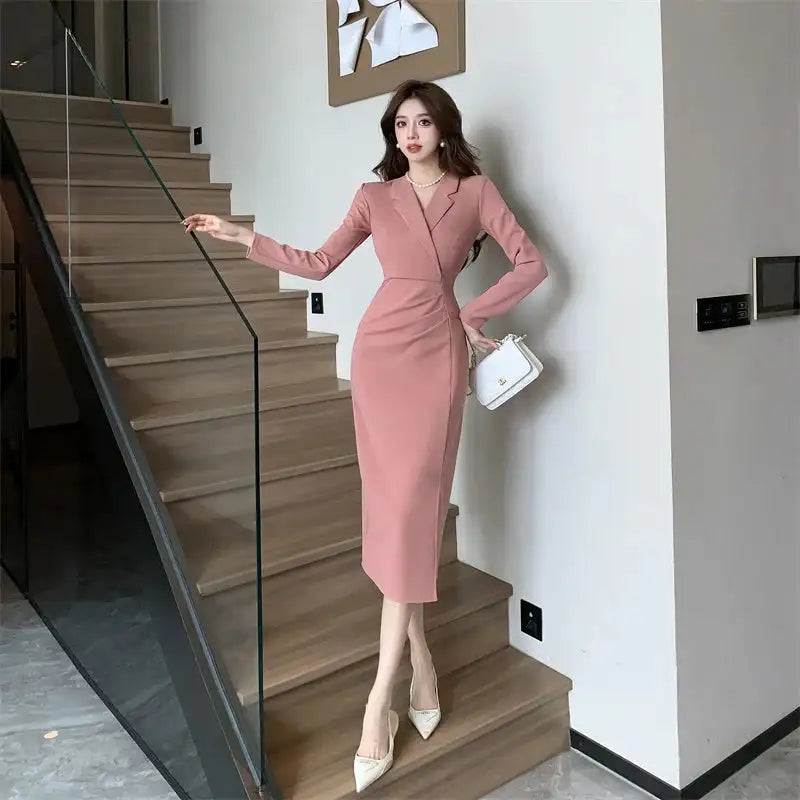 Women Pink Pleated Bodycon Formal Long Dress Autumn Winter Long Sleeve Chic Suit Dress 2025 Korean Fashion Elegant Party Dresses - Lootquake