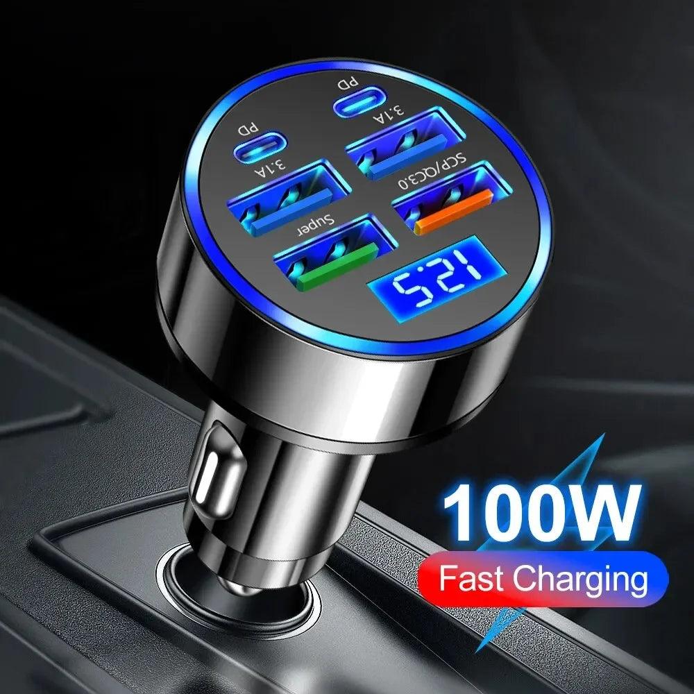 66-250W PD Car Charger QC3.0 Fast Charge with Digital Display 4USB and 2PD Ports for Car Cigarette Lighter Plug