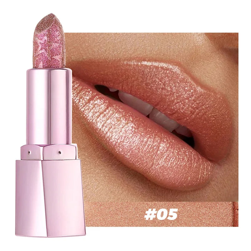 Lápiz labial brillante con brillo perlado, hidratante y de alto brillo, duradero y no pegajoso, maquillaje sensual con efecto perlado.