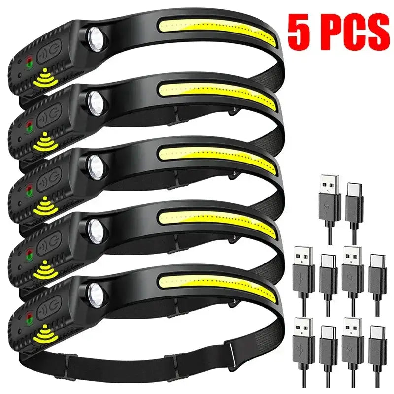 Linterna frontal con sensor LED, linterna frontal recargable, batería integrada, 5 modos de iluminación, para pesca y camping.