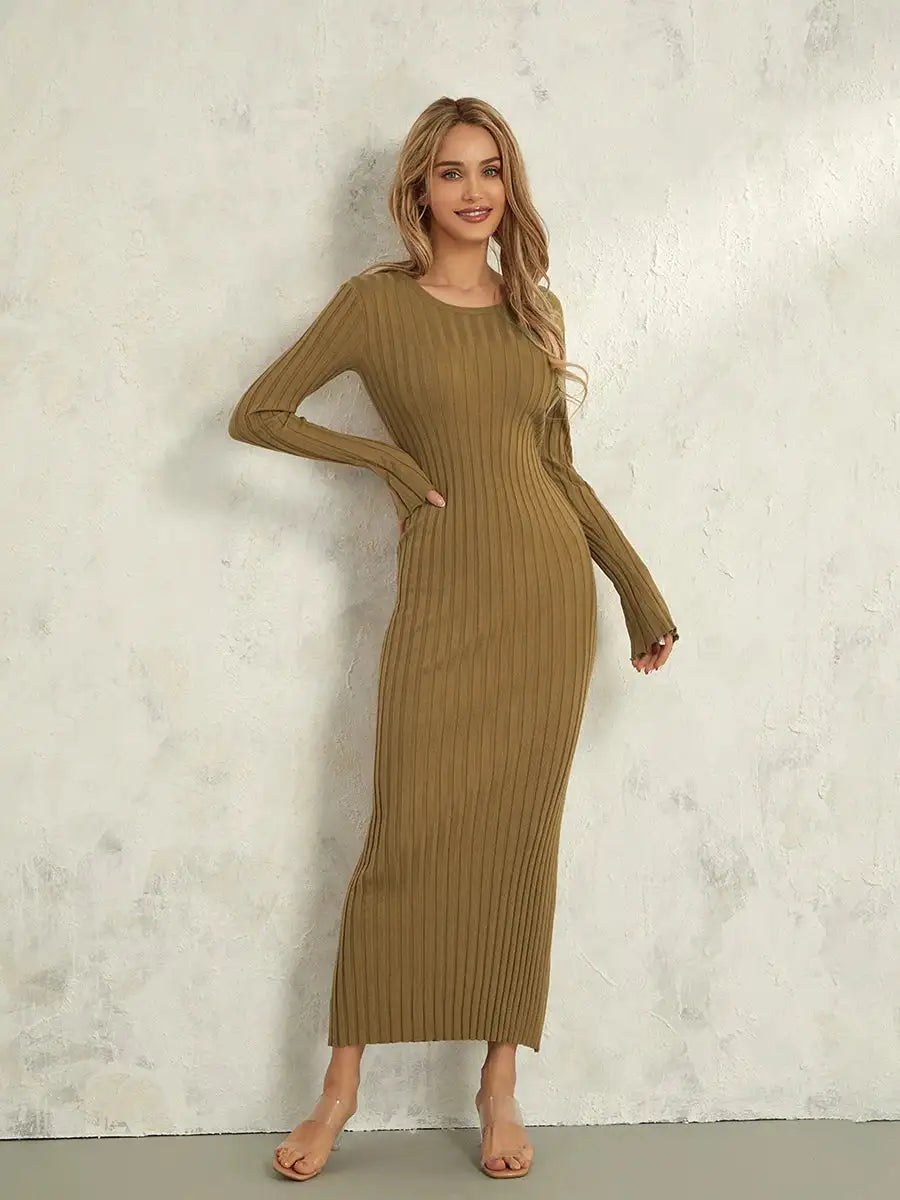 Women Spring Autumn Lace-up Knit Dress Elegant Long Sleeve Crew Neck Ribbed Solid Color Long Dress Streetwear