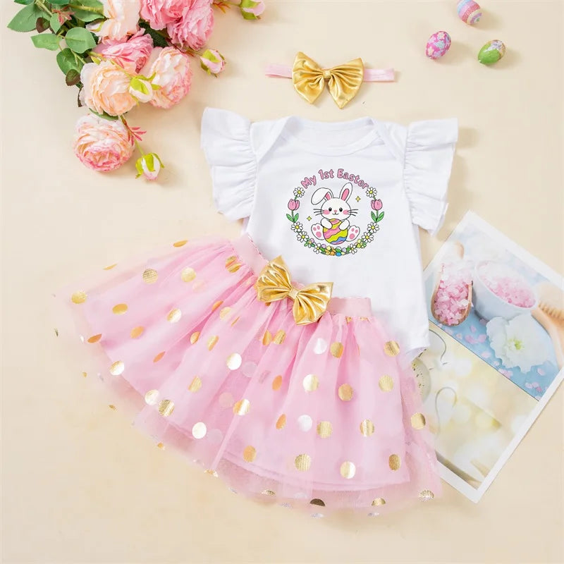 Toddler Girls Spring Floral Print Ruffle Sleeve Romper with Matching Bow Headband and Tulle Skirt - Easter Outfit - Lootquake