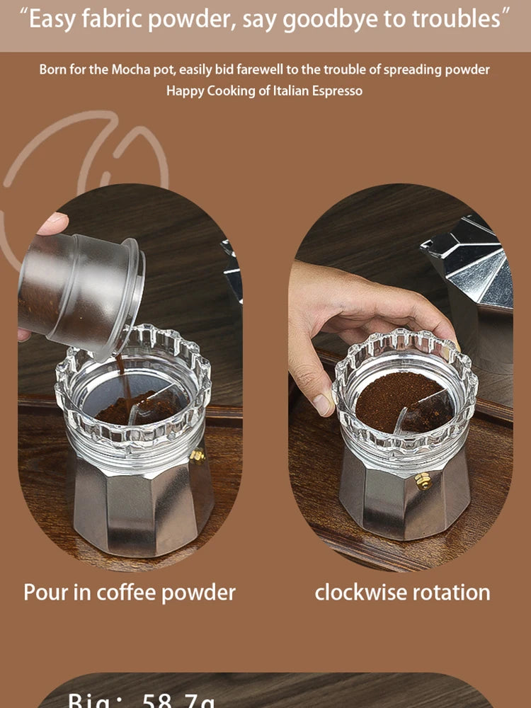 Mocha pot powder dispenser, fabric powder dispenser, powder pressing and filling tool