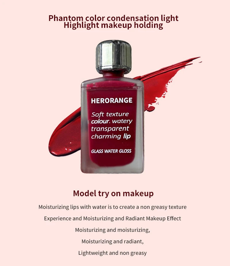 Laca de labios HERORANGE Light Glass-Like: brillo de espejo, fórmula hidratante, resistente a las manchas, de larga duración y que ilumina la piel.