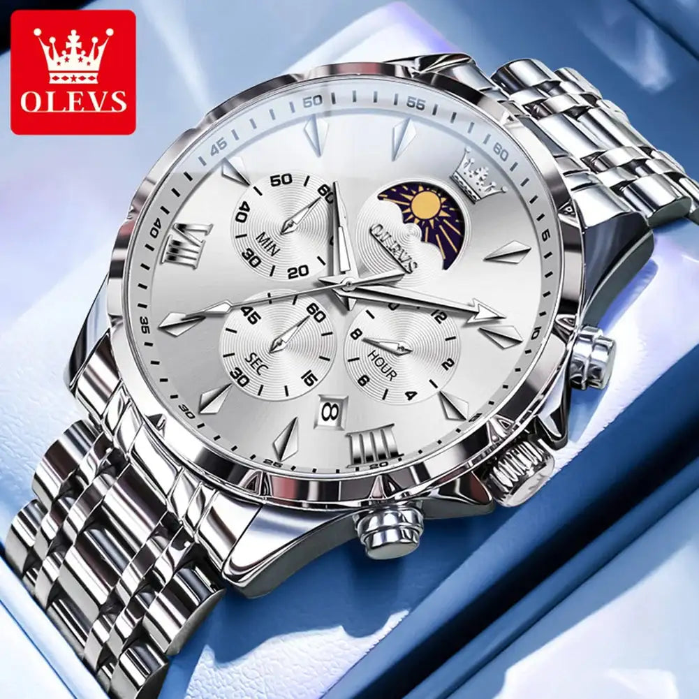 OLEVS 3653 Men Watch Luxury Brand Quartz Watch Multi functional Automatic Date Timer Watch Waterproof Luminous Moonphase Watch - Lootquake