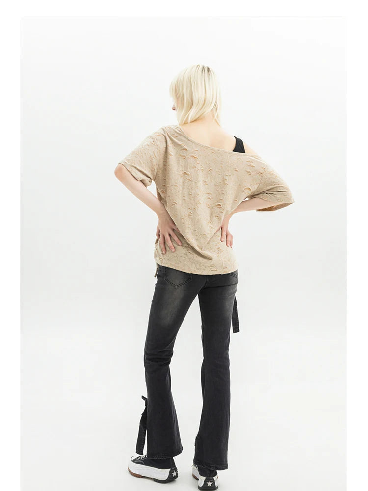 Women's Black Gothic Bow Flare Jeans Harajuku Aesthetic Y2k Denim Trousers High Waist Cowboy Pants Vintage 2000s Trashy Clothes - Lootquake