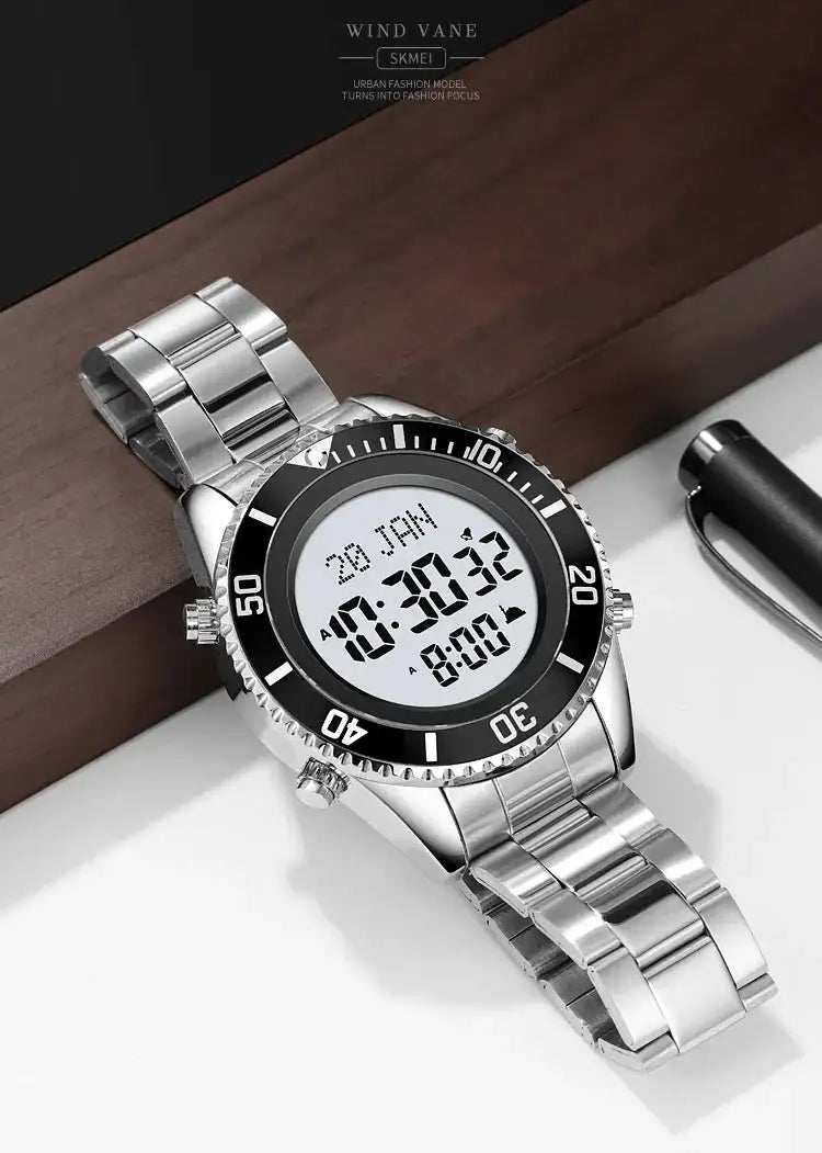 SKMEI 2141 Stainless Steel Digital Watche Muslim Azan Prayer Compass Clock Adhan Alarm Hijri Islamic Wristwatch with Back Light - Lootquake