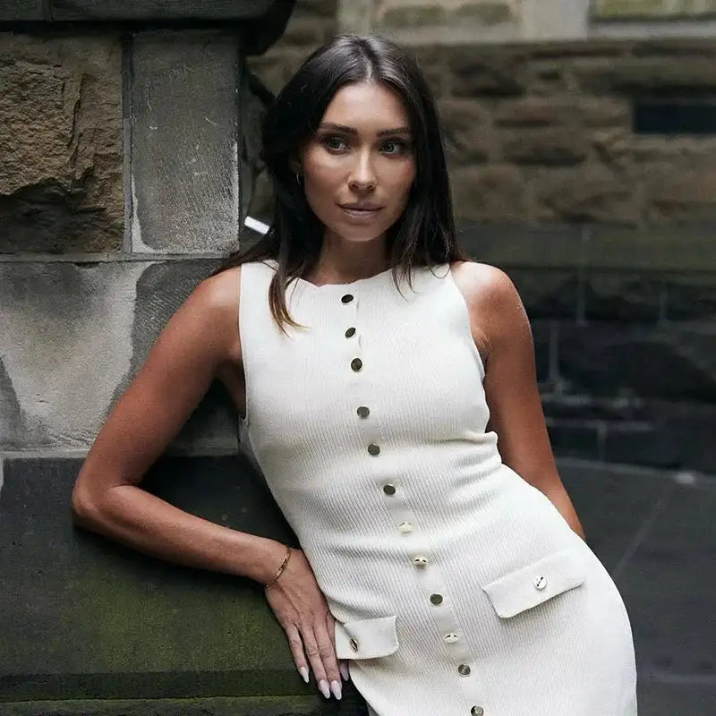 Fashion Knitted Long Dress For Women Elegant Sleeveless Button Maxi Sweater Bodycon Dresses Female Party Fashion Vestidos 2024 N - Lootquake