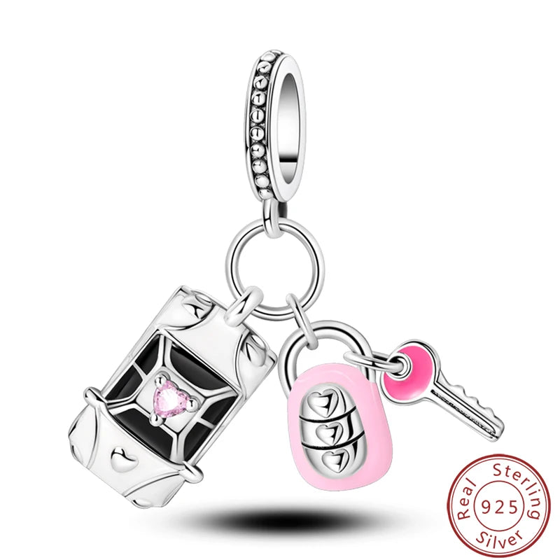 Ensemble de trois breloques en argent sterling S925, perles de 3 mm, motif princesse, golf, hamster, appareil photo, voyage, fabrication de bijoux fins