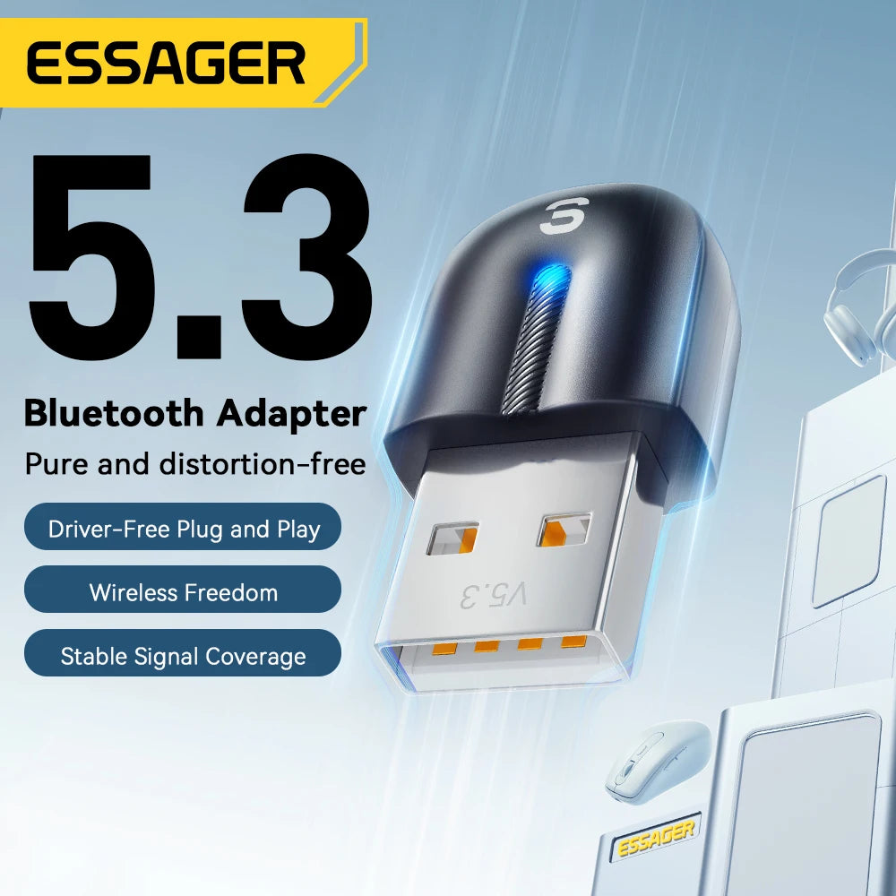 Adaptateur USB Bluetooth 5.3 Essager, récepteur audio auxiliaire, émetteur pour haut-parleur PC, ordinateur portable, boîte à son, souris sans fil, émetteur USB