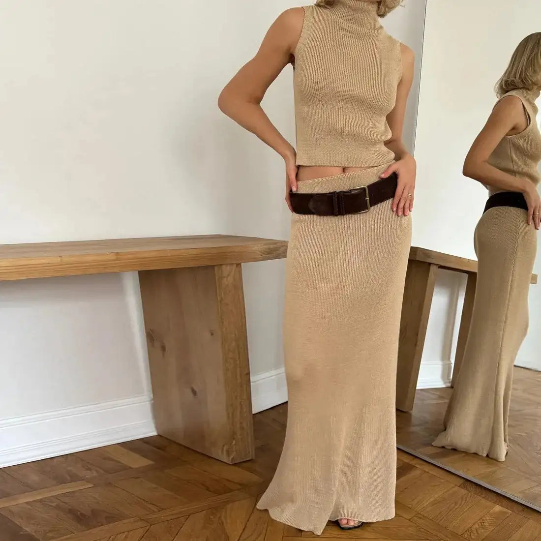 Tossy Elegant Knitwear 2 Piece-Set Long Dress Female Ribbed Sweater Pullover And Loose Patchwork Maxi Skirt Sets Ladies Outfits - Lootquake