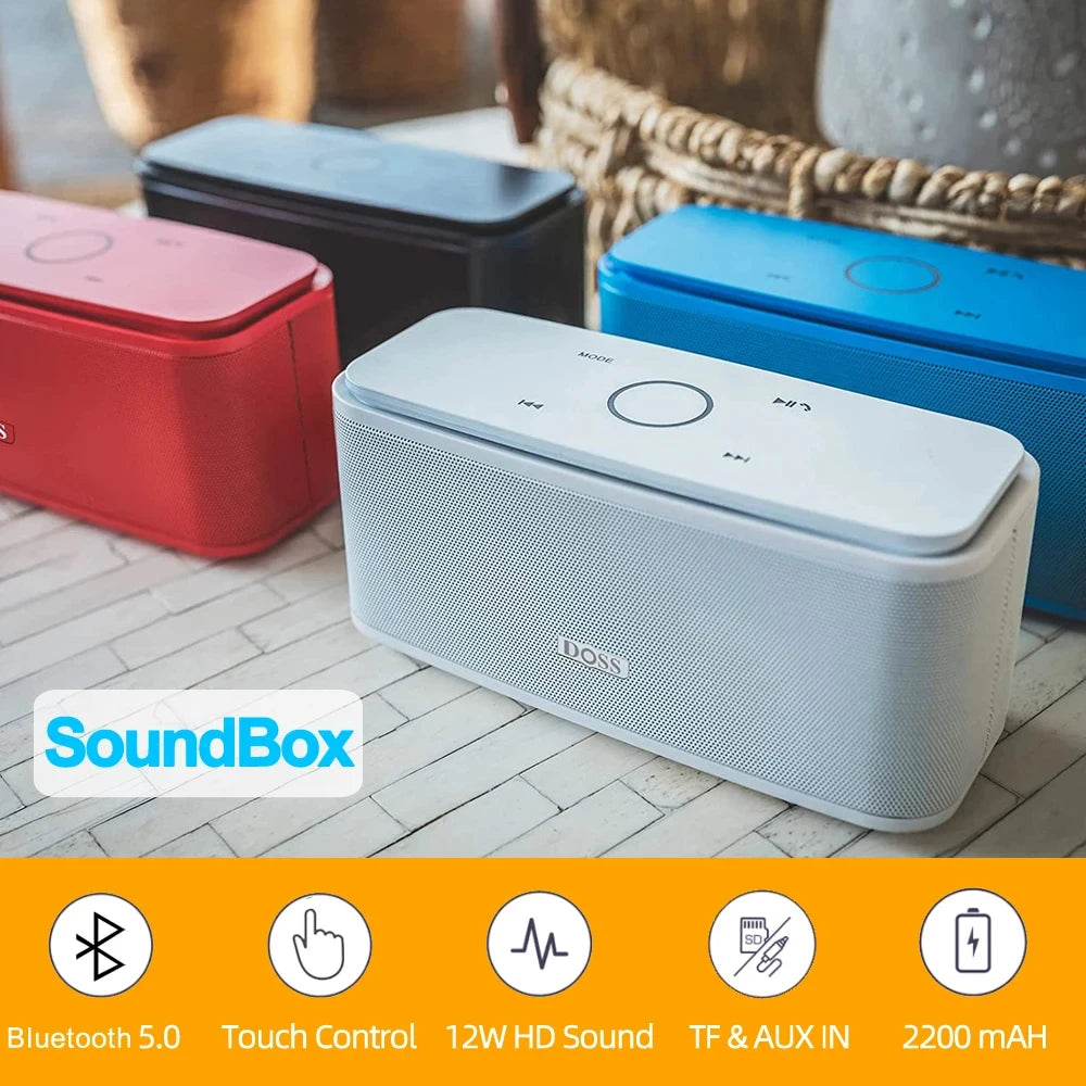 Altavoz Bluetooth DOSS SoundBox, control táctil, sonido HD de 12 W, resistencia al agua IPX5, micrófono integrado, manos libres.