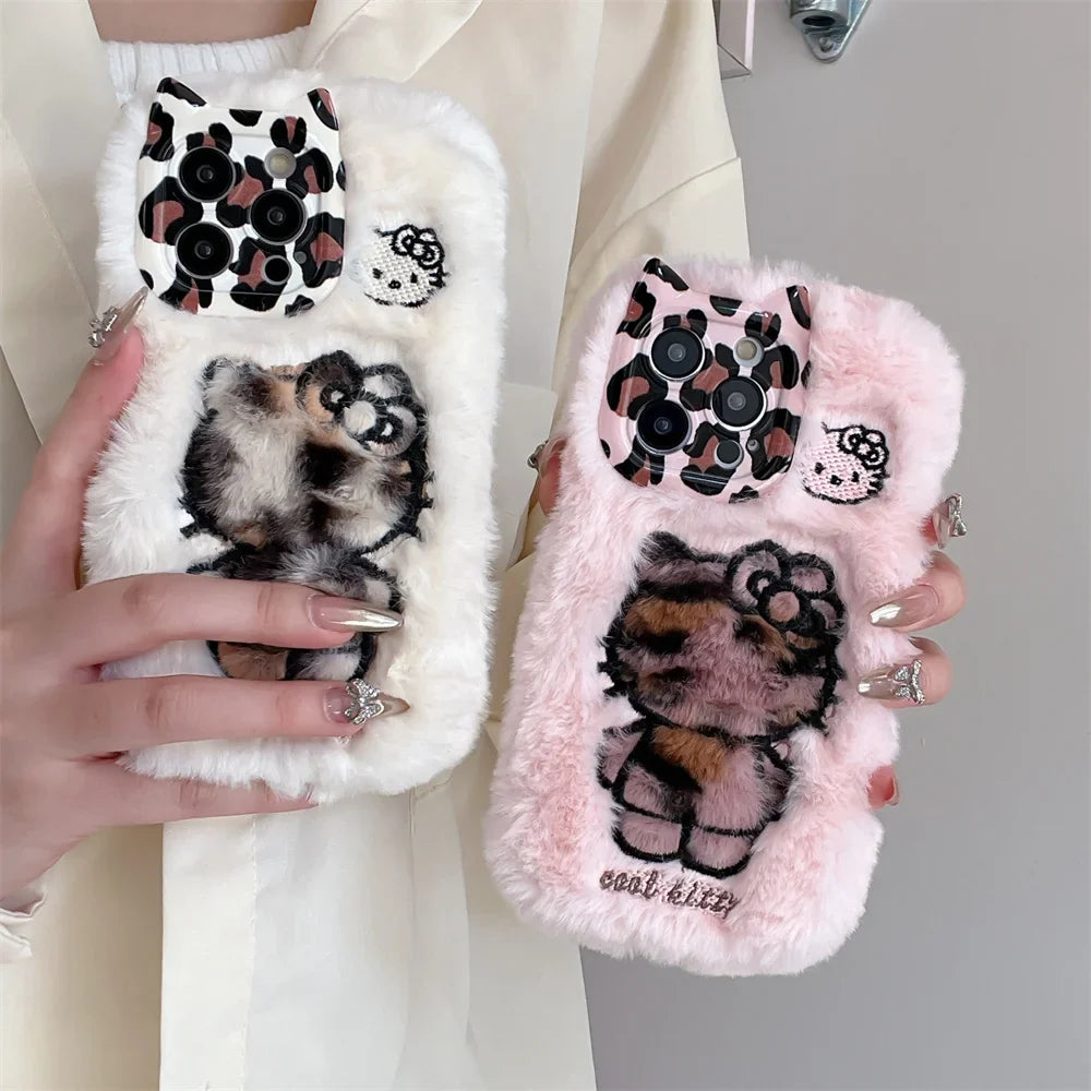 Cartoon Fluffy Hello Kitty Plush Cat Ears Phone Case