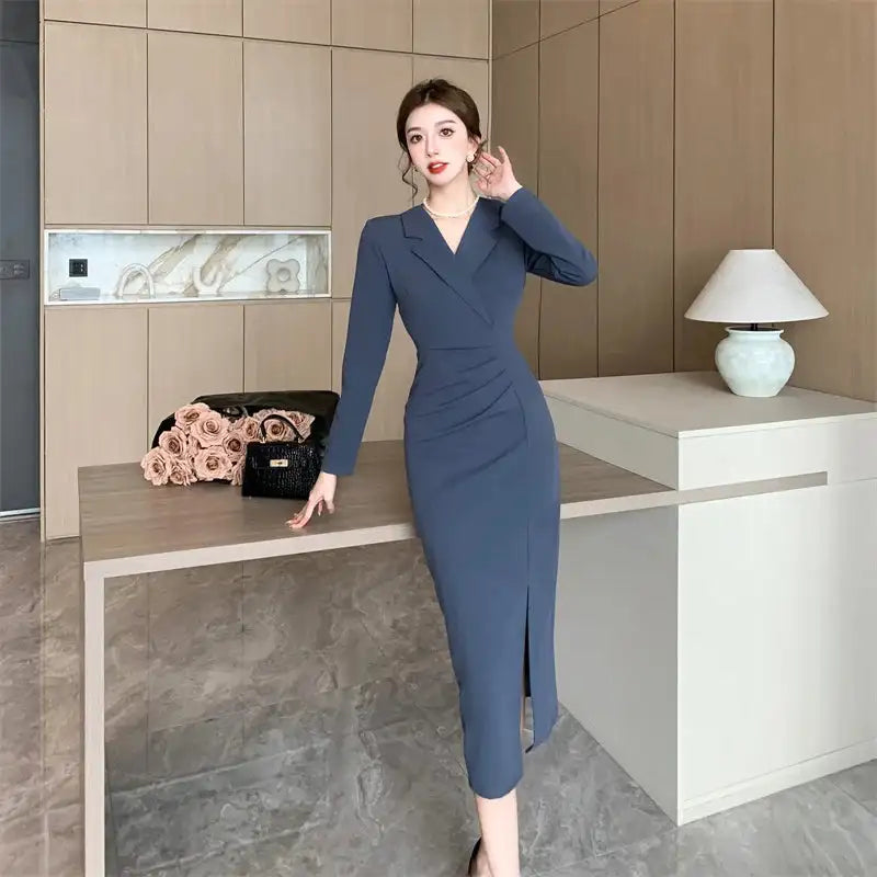 Women Pink Pleated Bodycon Formal Long Dress Autumn Winter Long Sleeve Chic Suit Dress 2025 Korean Fashion Elegant Party Dresses - Lootquake
