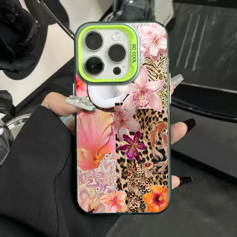 Funda rígida para teléfono con estampado de leopardo, estrellas y flores, chapada en mate