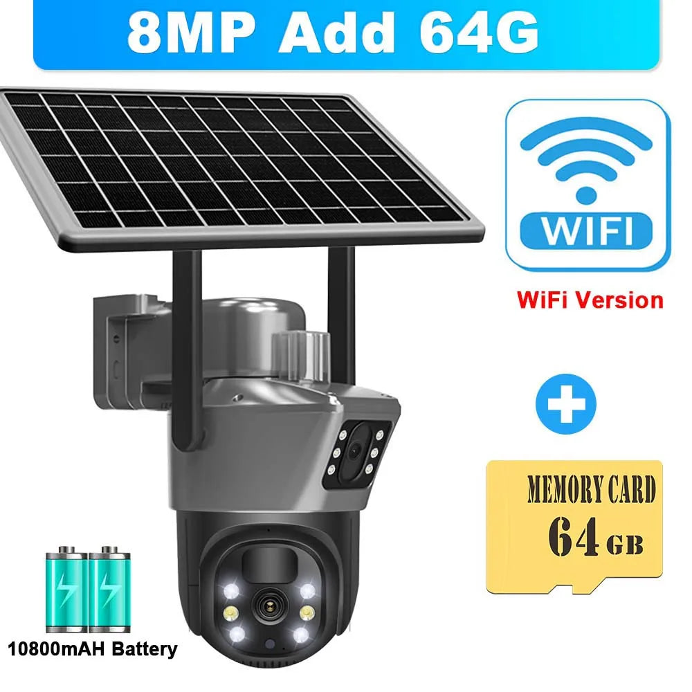 Caméra de surveillance extérieure sans fil WiFi 8MP 4K avec panneau solaire et double objectif PTZ IP